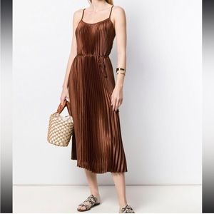 Mango Pleated Satin Midi Brown Dress New with belt